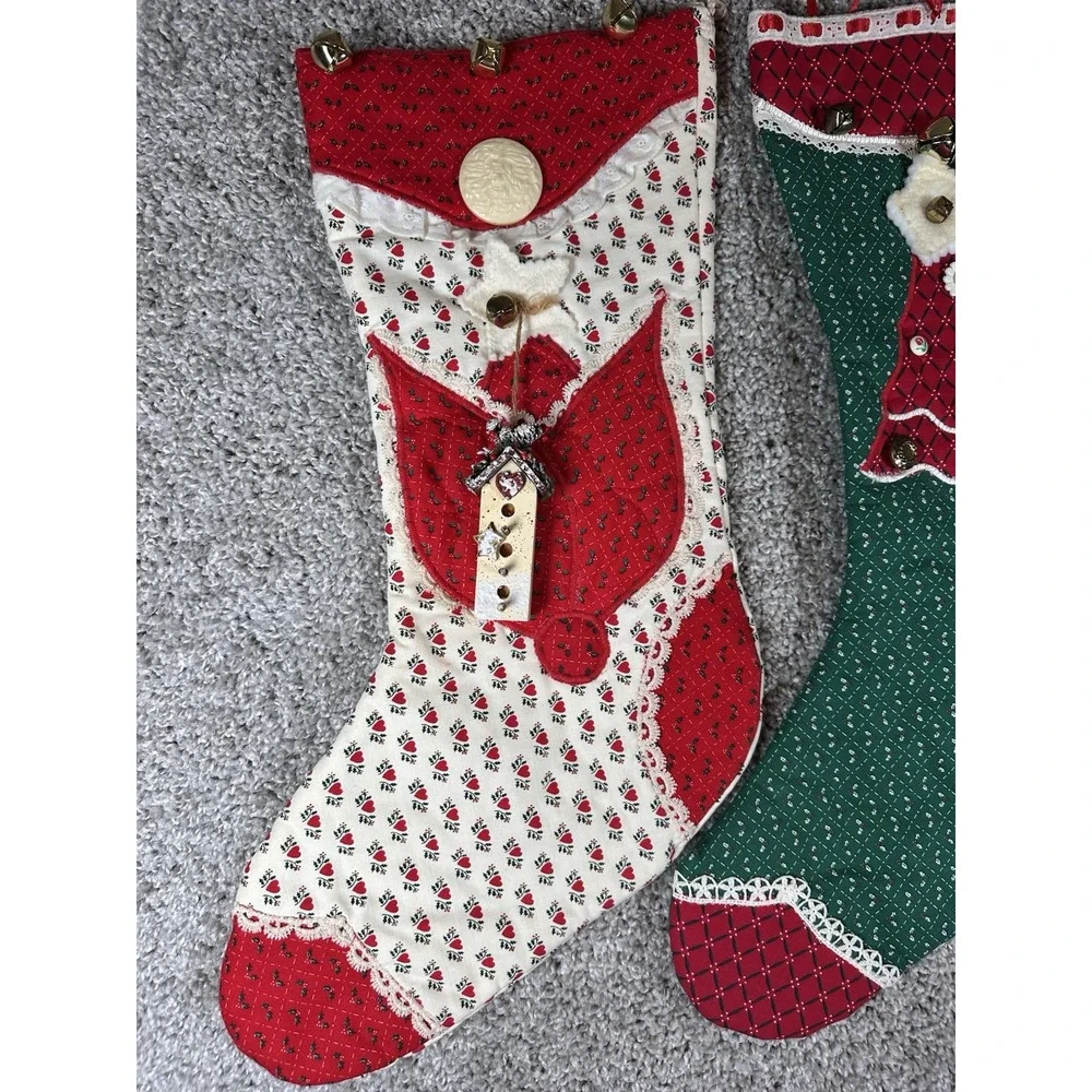 Vintage Handmade Quilted Christmas Stockings Lot of 4 Bells Lace Hearts‎